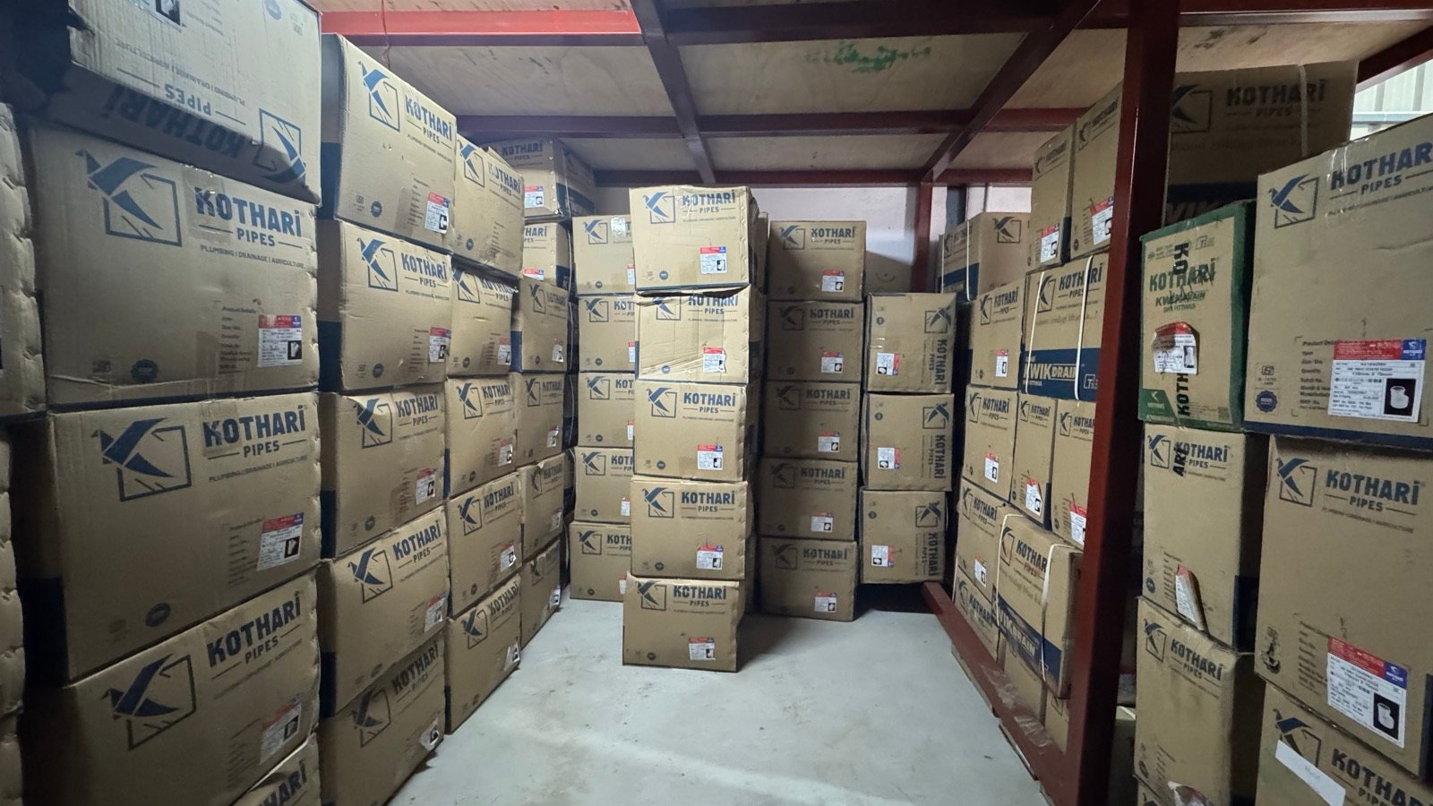 Kothari Pipes cartons stacked at the JAD Bengaluru warehouse